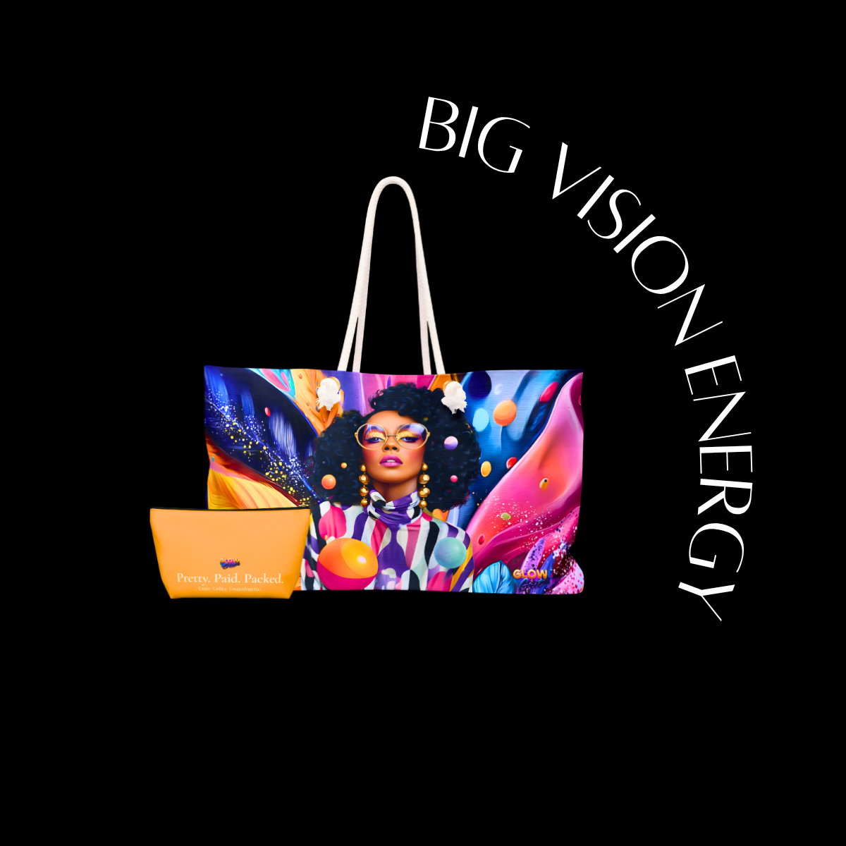 Tote bag with a colorful design of a woman and text 'BIG VISION ENERGY' on a black background