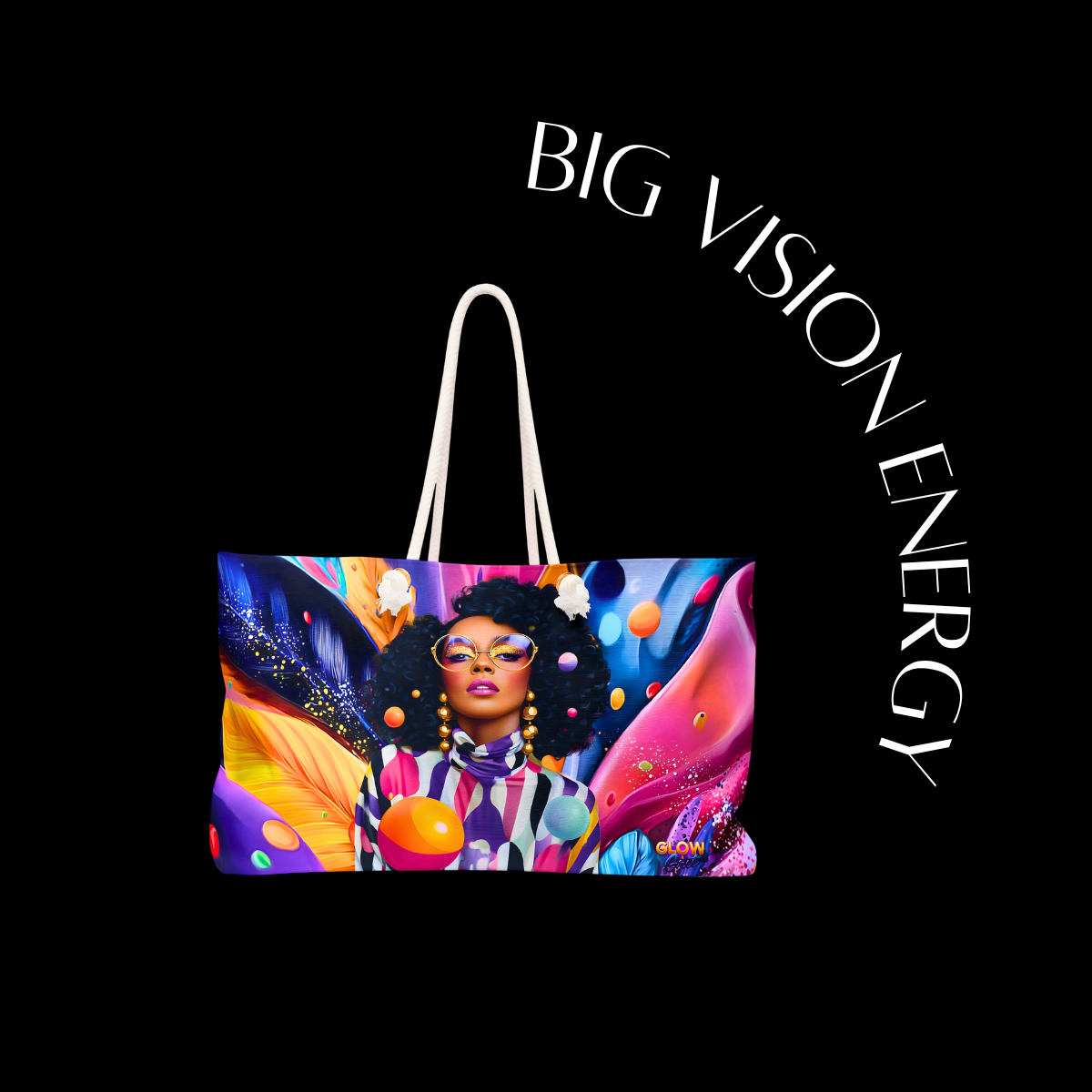 Colorful tote bag with a design of a woman with an afro and the text 'BIG VISION ENERGY' on a black background.