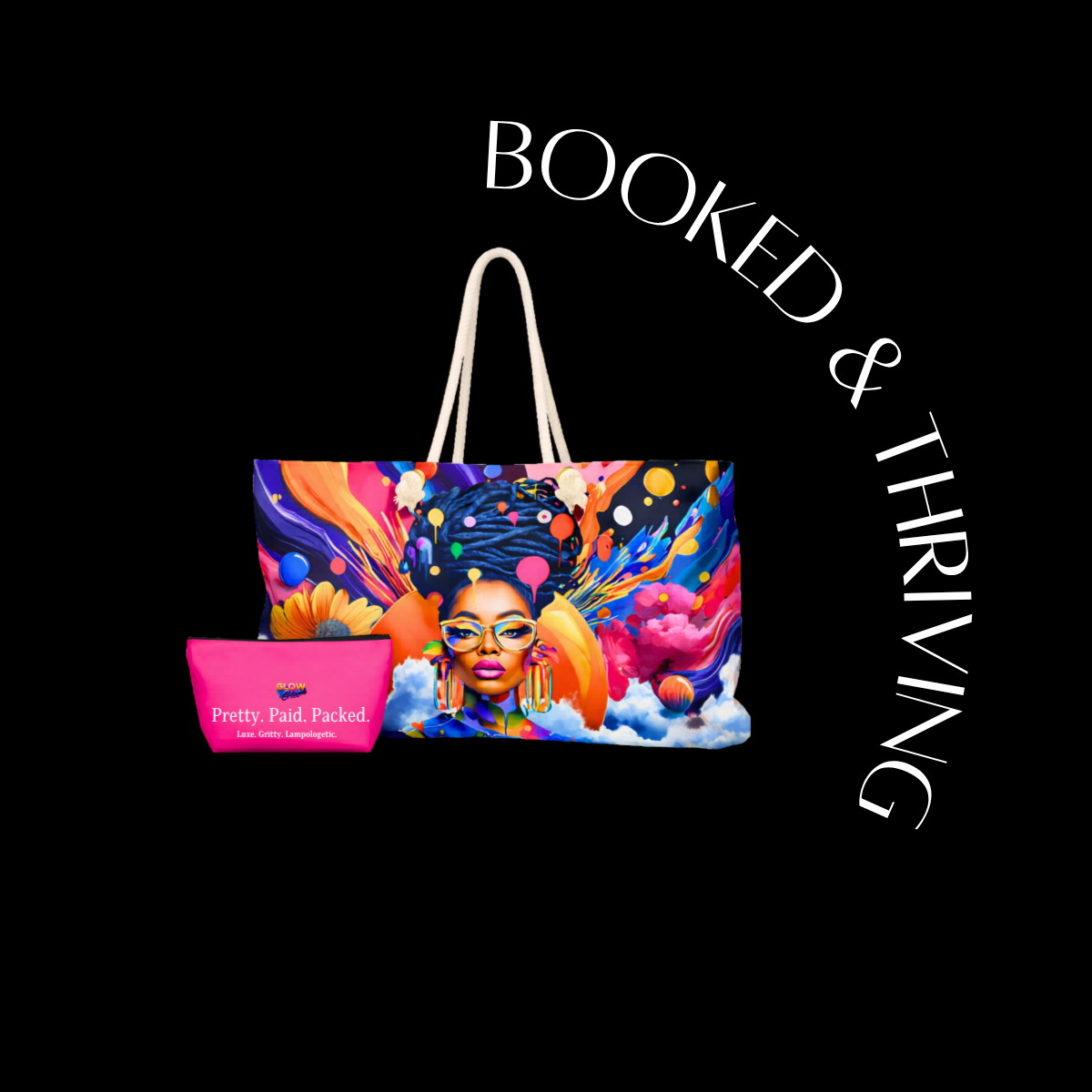 Colorful tote bag with artistic design and pink pouch on a black background, featuring 'Booked & Thriving' text.