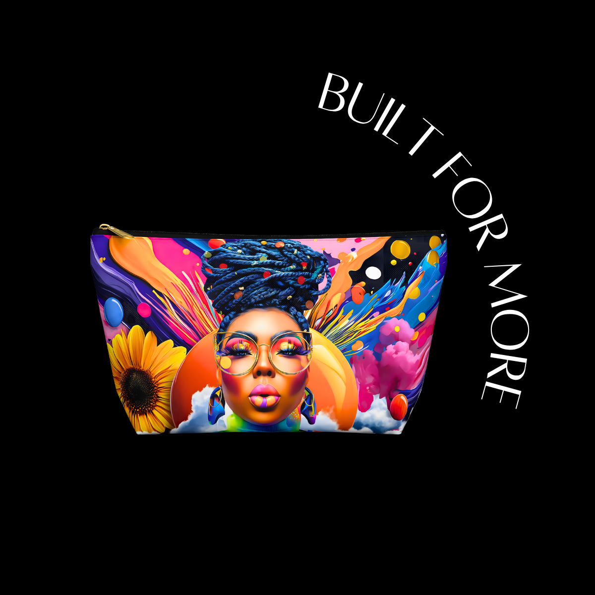 Colorful pouch with artistic design of a woman's face and text 'BUILT FOR MORE' on a black background