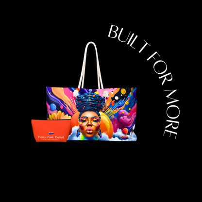 Colorful tote bag with artistic design of a woman's face and text 'Built for More' on a black background.