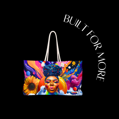Colorful tote bag with artistic design of a woman's face and text 'BUILT FOR MORE' on a black background.