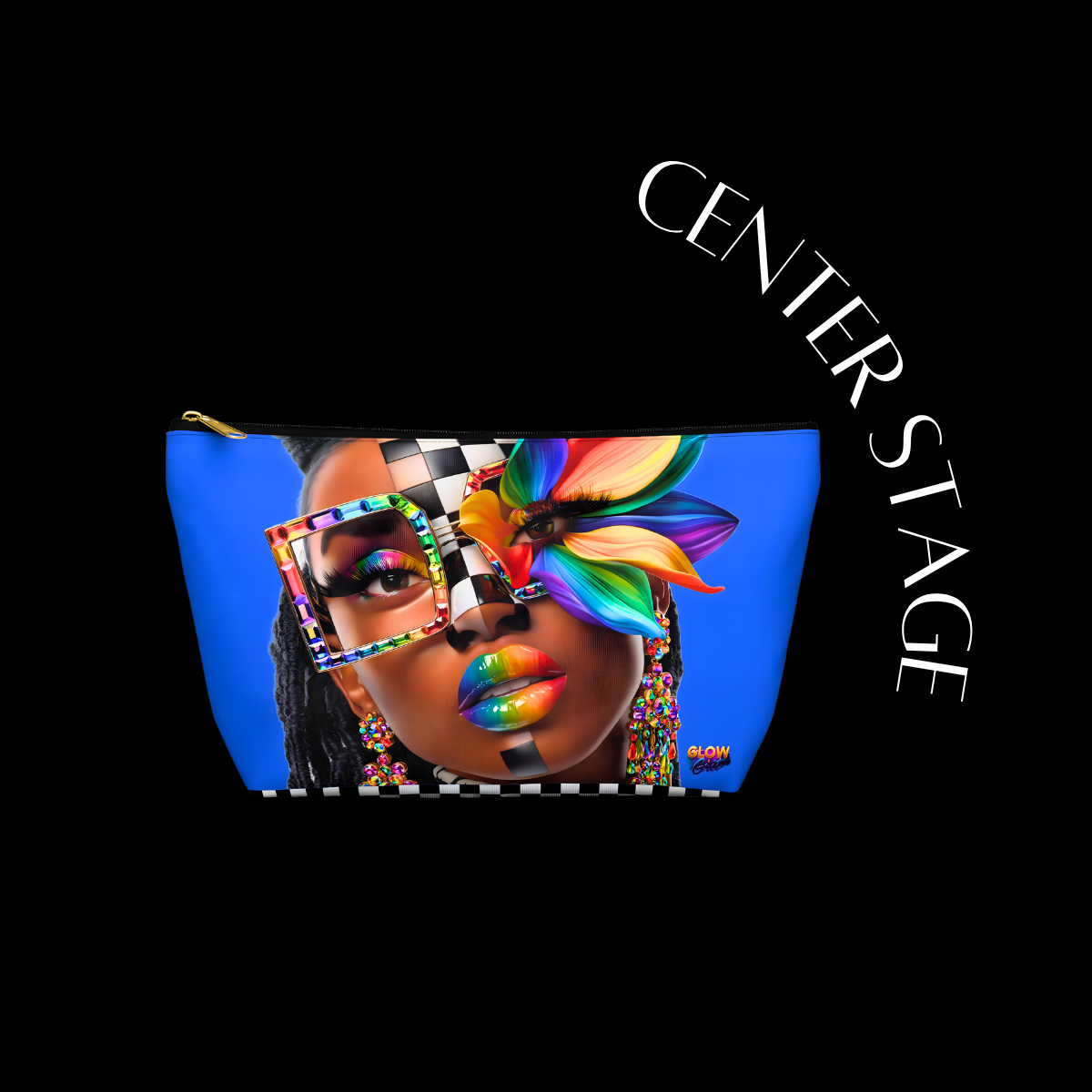 Makeup pouch with a colorful design of a face and the text 'Center Stage' on a black background.