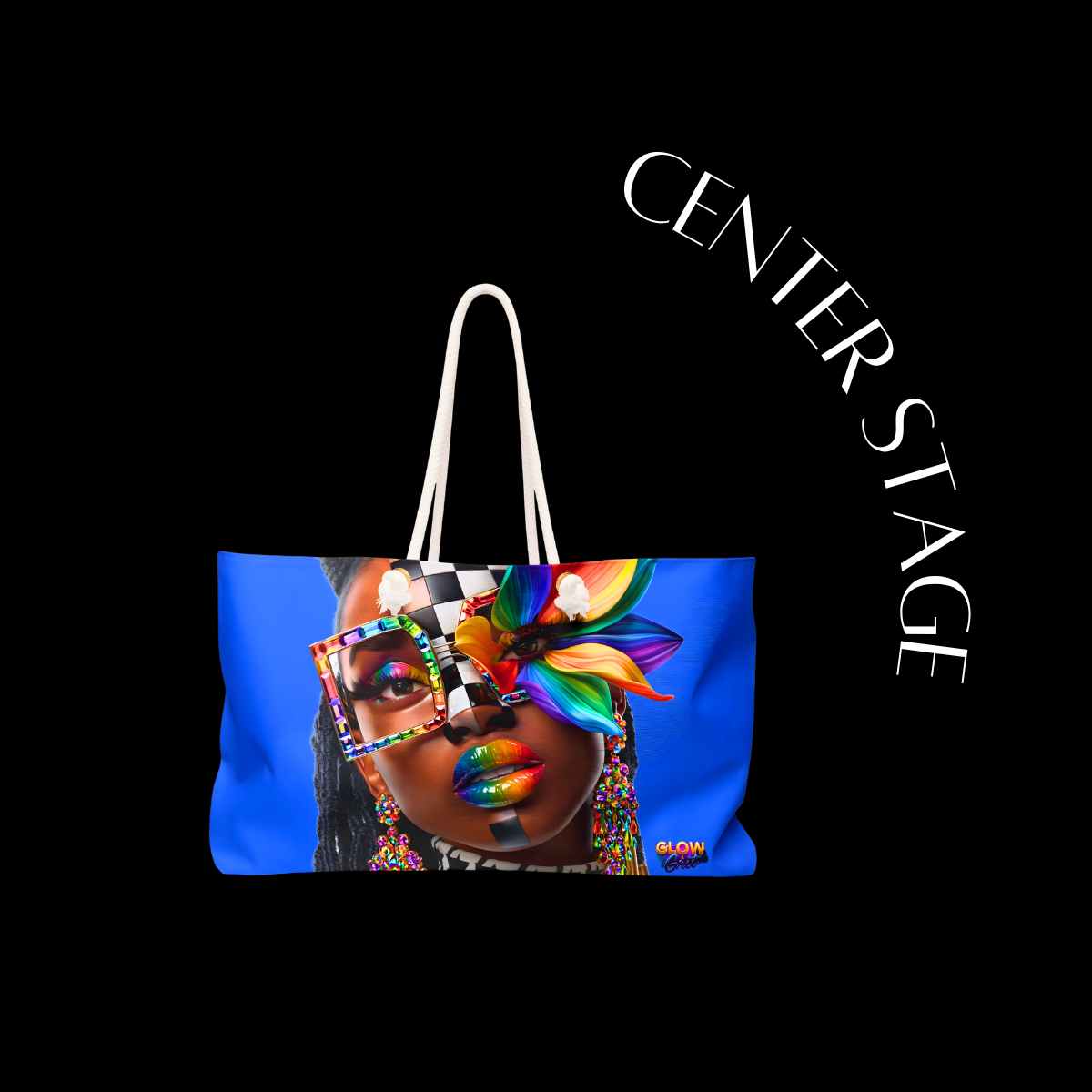 Tote bag with a colorful design of a woman's face on a black background with 'Center Stage' text.