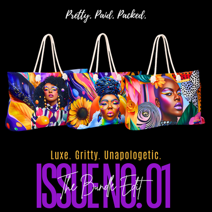 Colorful tote bags with artistic designs and text on a black background