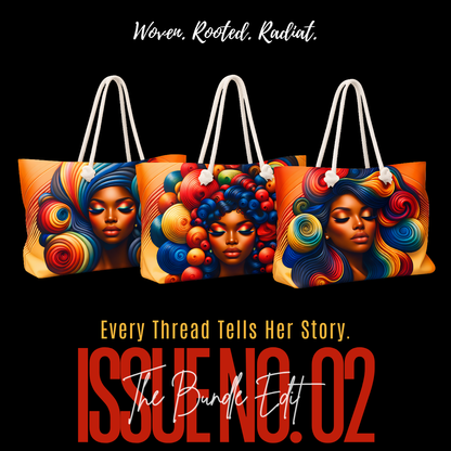 Three colorful tote bags with artistic depictions of women with vibrant hair on a black background.