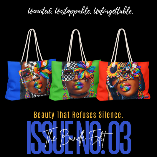 Three tote bags with colorful designs of a woman's face on a black background, with text about beauty and empowerment.