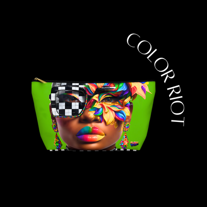 Colorful makeup bag with a face design and 'Color Riot' branding on a black background