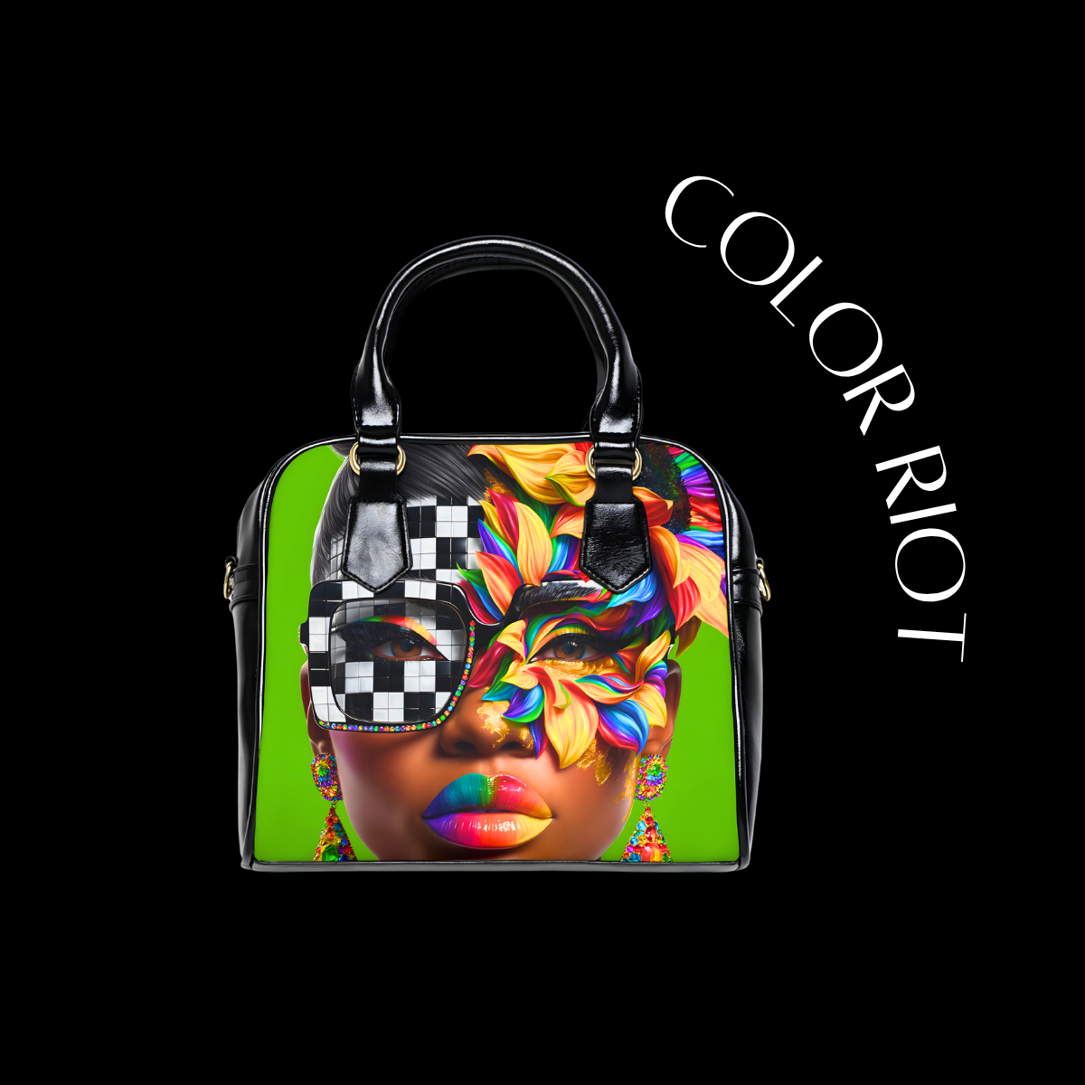 Handbag with colorful design and 'Color Riot' branding on a black background