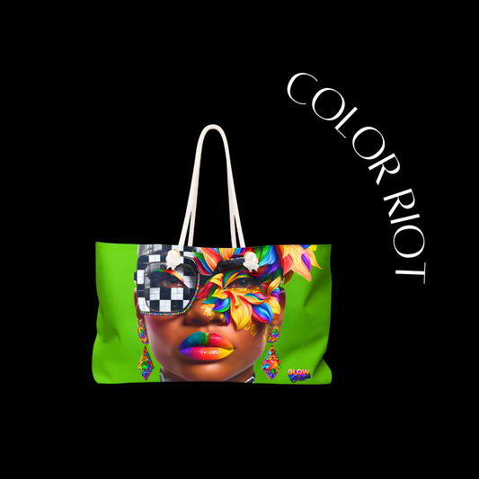 Tote bag with colorful design and 'Color Riot' text on a black background
