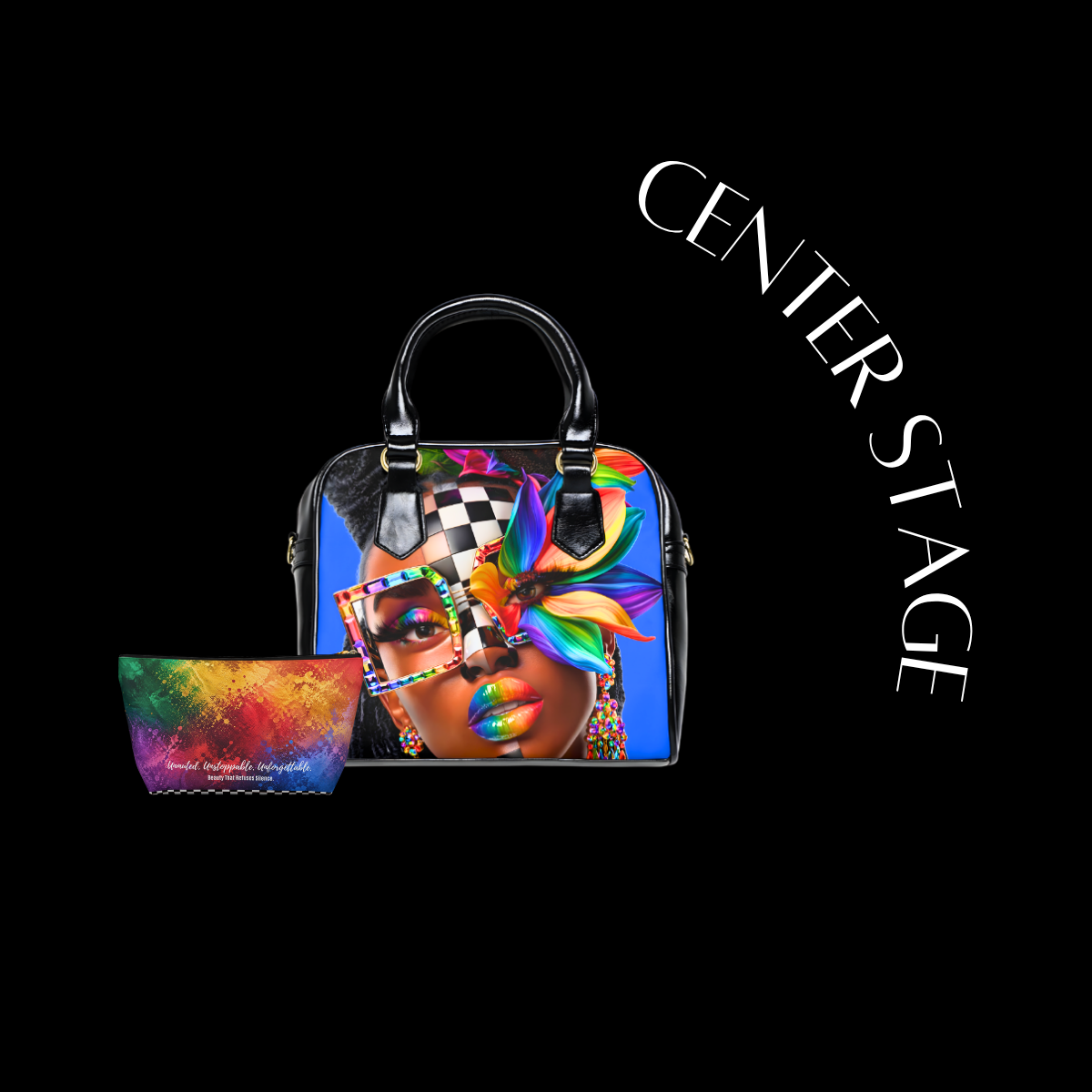 Colorful handbag with face design and matching pouch on a black background, featuring 'Center Stage' text.