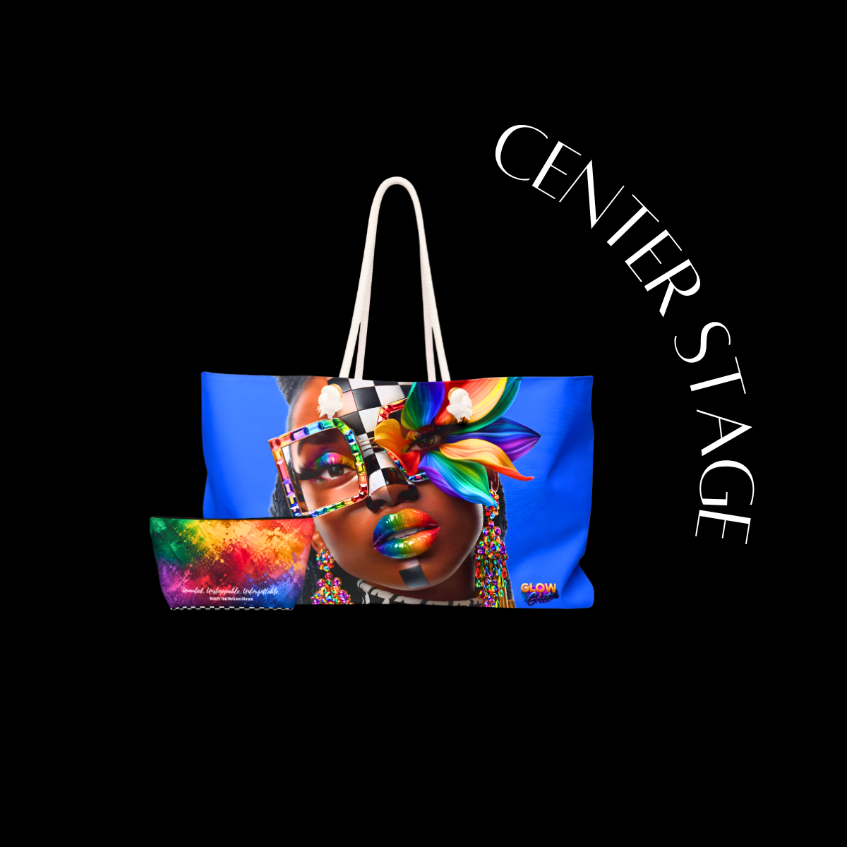 Tote bag with colorful design of a woman's face and matching pouch on a black background with 'CENTER STAGE' text.