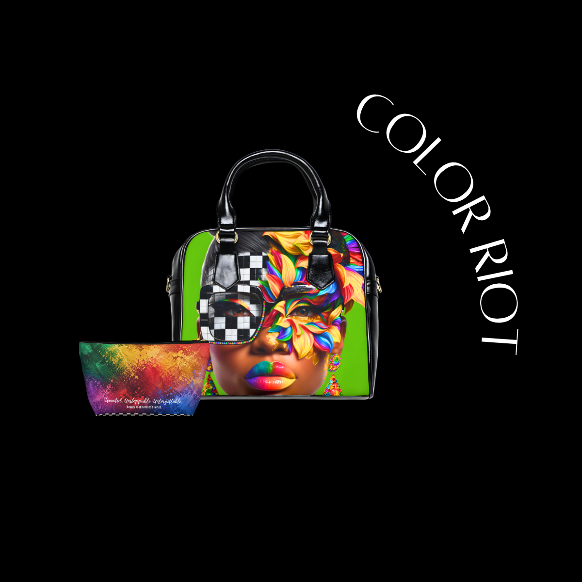 Colorful handbag with a face design and matching pouch on a black background, featuring the brand 'Color Riot'.