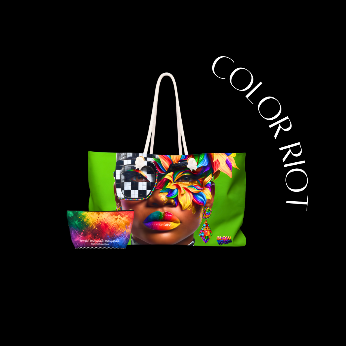 Colorful tote bag with a face design and 'Color Riot' branding on a black background