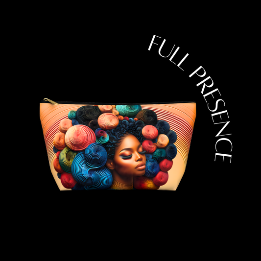 Pouch with a colorful design of a woman's face on a black background, featuring the brand 'Full Presence'.