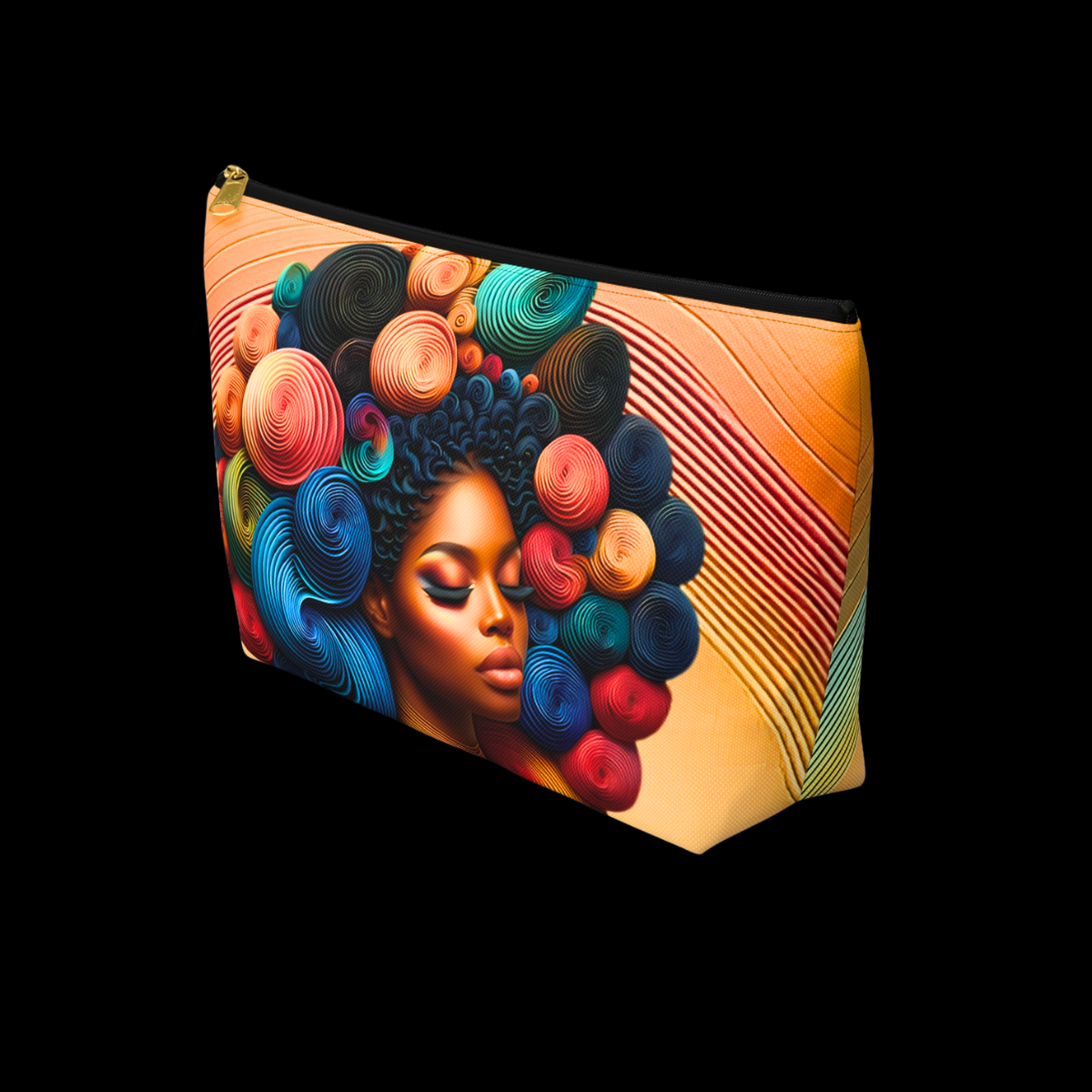 Colorful pouch with a stylized portrait of a woman with a vibrant afro design on a black background.