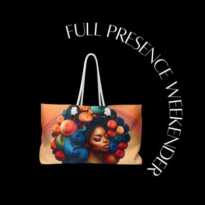 Tote bag with a colorful design of a woman's face on a black background with 'Full Presence Weekender' text.
