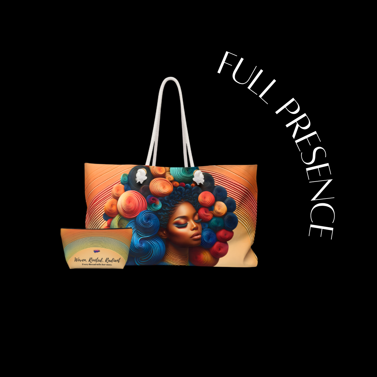 Tote bag with artistic design of a woman's face and colorful hair on a black background, with 'Full Presence' text.