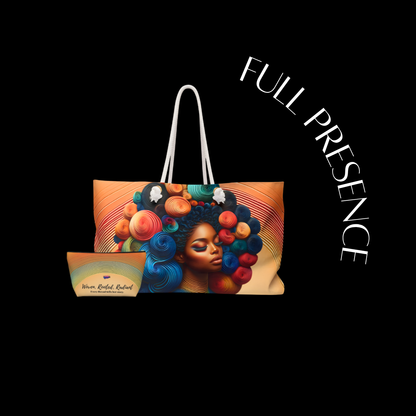 Tote bag with artistic design of a woman's face and colorful hair on a black background, with 'Full Presence' text.