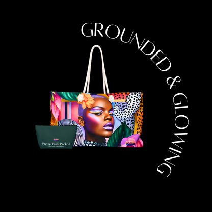 Colorful tote bag with a design of a woman's face and text 'Grounded & Glowing' on a black background.