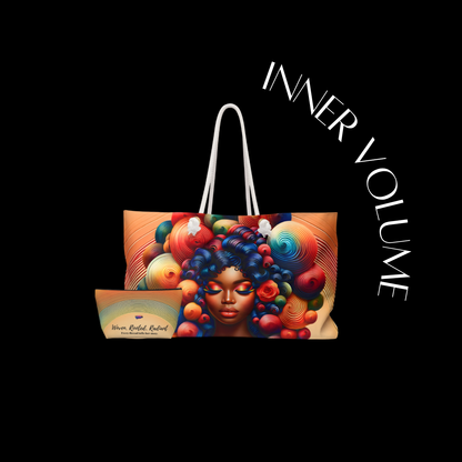 Tote bag with colorful design of a woman's face and 'Inner Volume' branding on a black background.