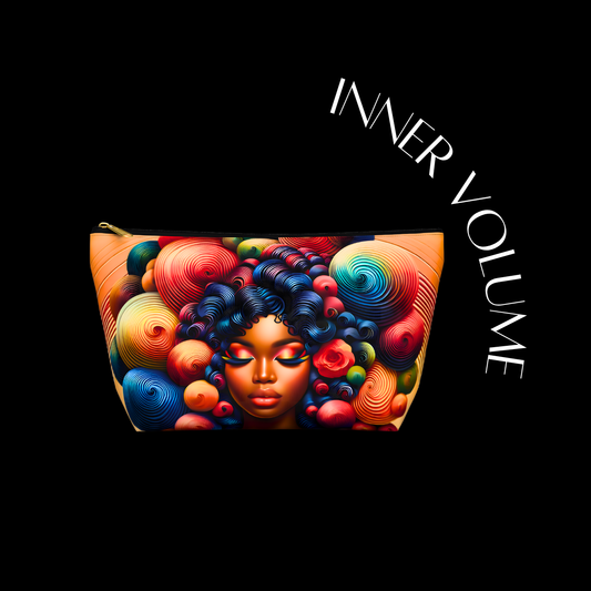 Colorful pouch with artistic design of a face and 'Inner Volume' text on a black background