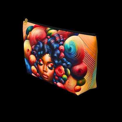 Colorful pouch with artistic design of a face and abstract patterns on a black background