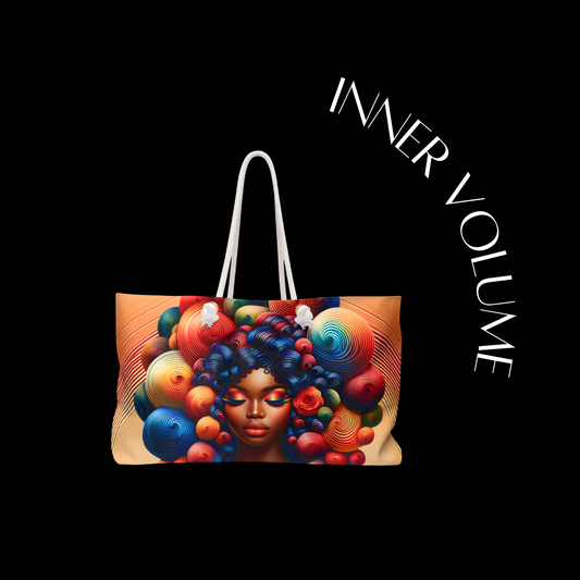 Tote bag with colorful design of a woman's face and hair, featuring the brand 'Inner Volume'.