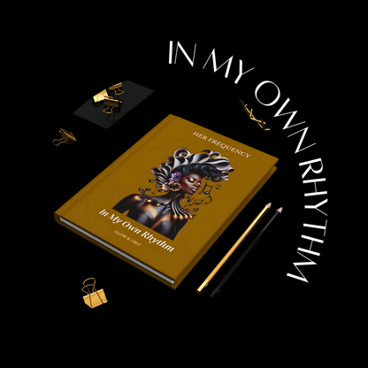 Book titled 'In My Own Rhythm' with decorative elements on a black background