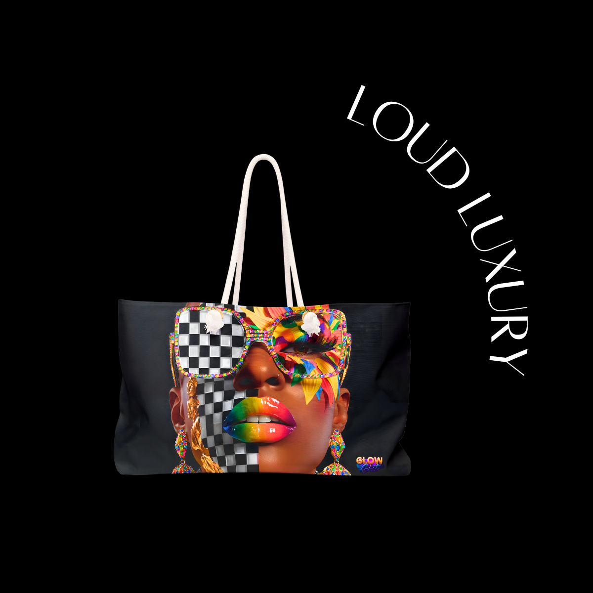 Tote bag with colorful face design and 'LOUD LUXURY' branding on a black background