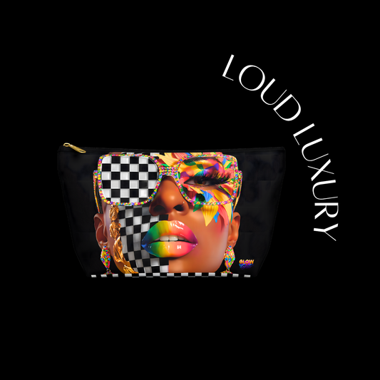 Makeup pouch with colorful design and 'LOUD LUXURY' branding on a black background