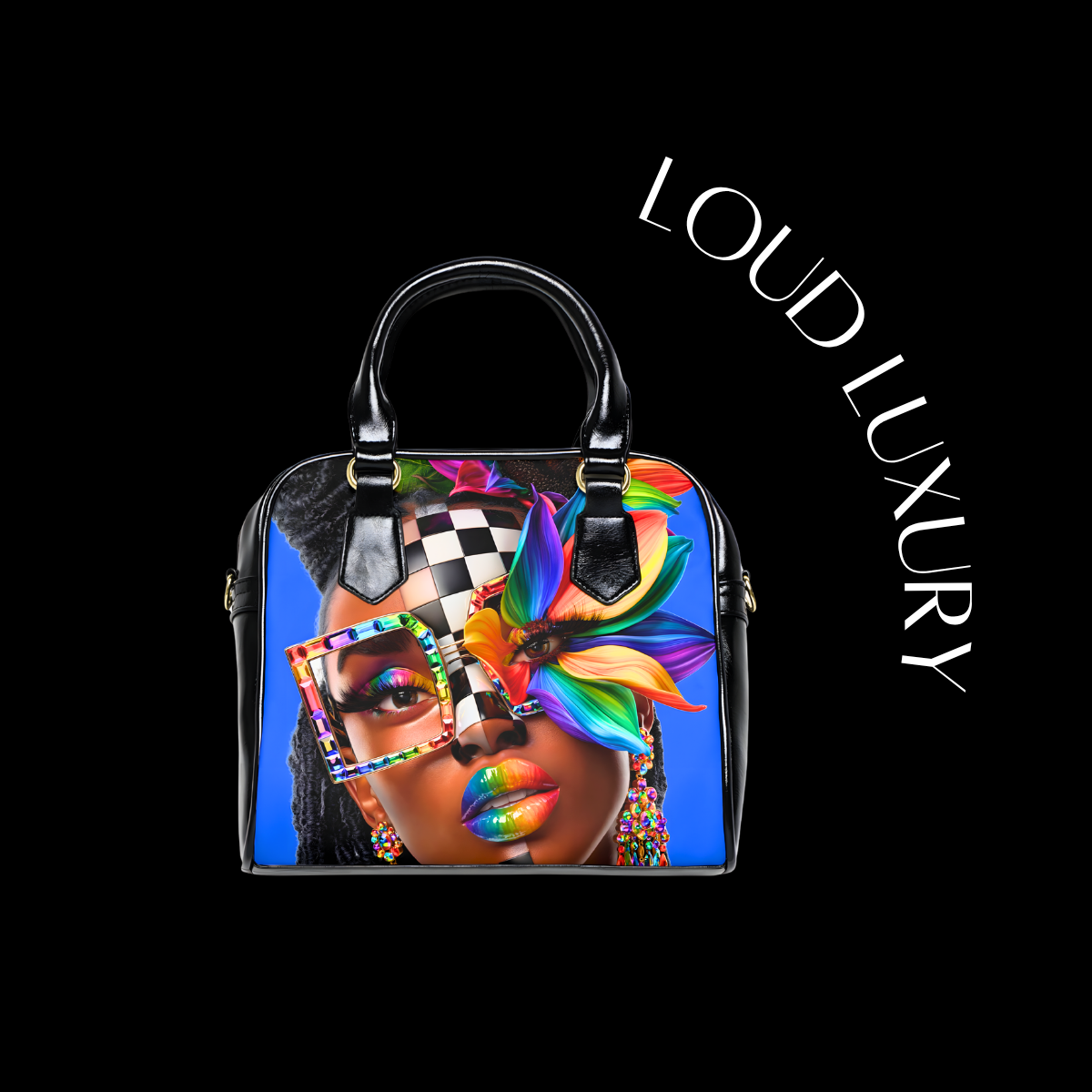 Colorful handbag with a face design and 'LOUD LUXURY' branding on a black background