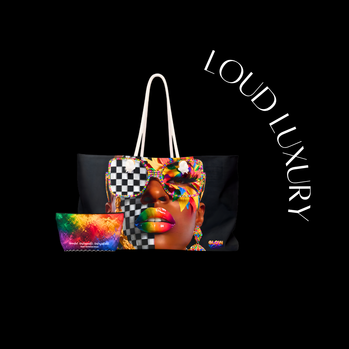 Colorful handbag with a face design and 'LOUD LUXURY' branding on a black background