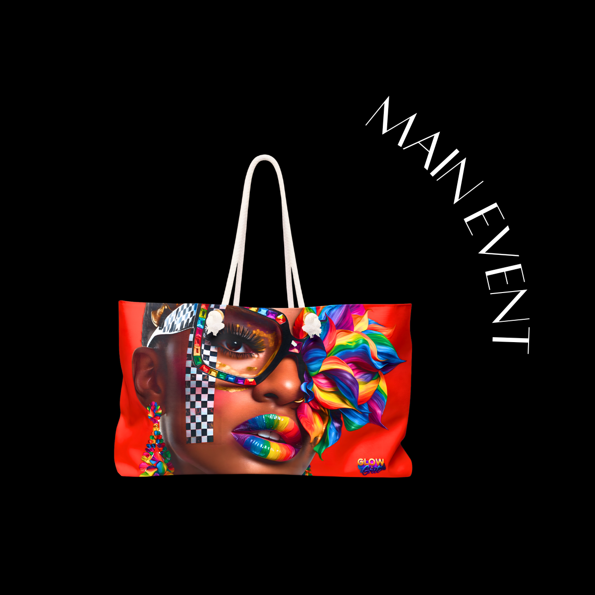 Colorful tote bag with artistic design and 'MAIN EVENT' branding on a black background
