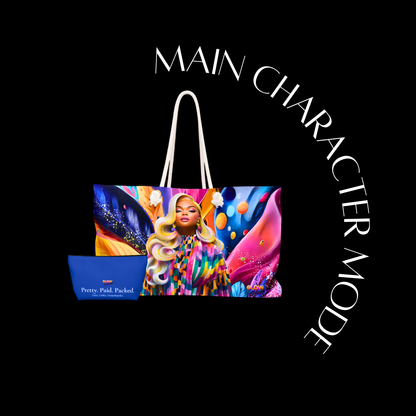 Colorful tote bag with character design on a black background