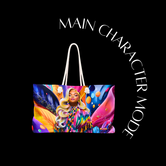 Colorful tote bag with a character design on a black background