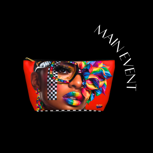 Makeup bag with colorful design and 'MAIN EVENT' text on a black background