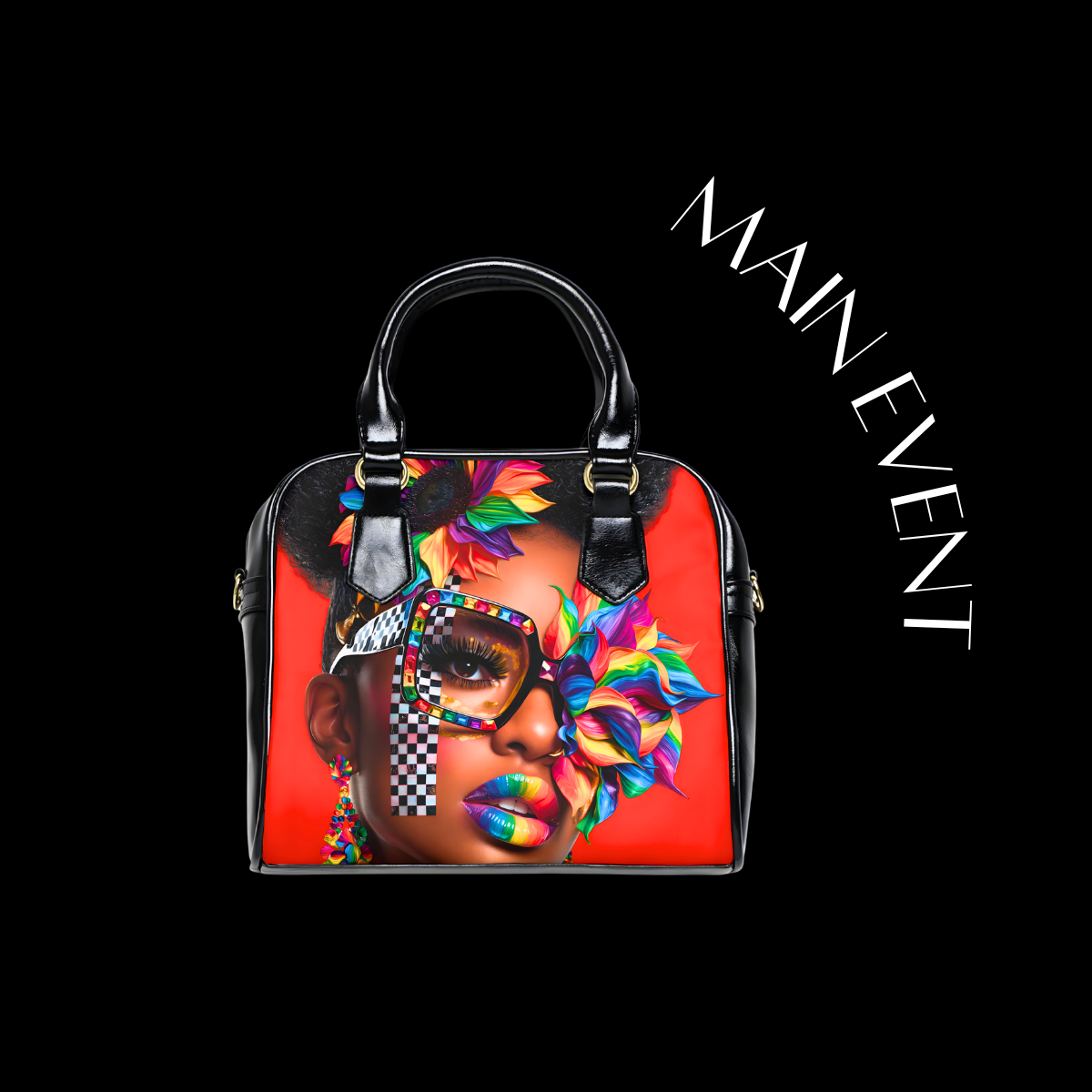 Handbag with a colorful design of a face on a black background, featuring the brand 'MAIN EVENT'.