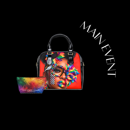 Handbag and pouch with colorful design featuring a face, on a black background with 'MAIN EVENT' text.