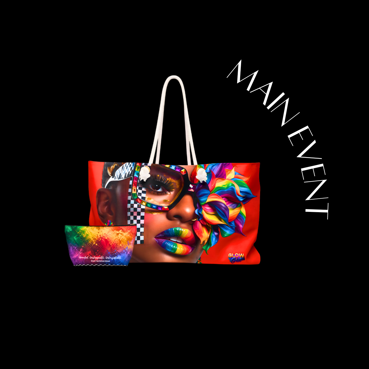 Colorful tote bag with artistic design and 'MAIN EVENT' text on a black background