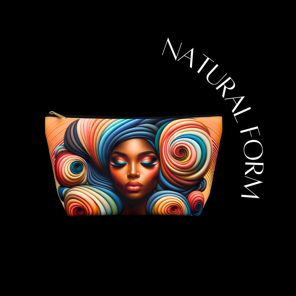 Makeup pouch with colorful design of a face on a black background with 'Natural Form' text.