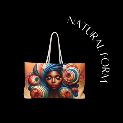 Tote bag with colorful design of a woman's face and 'Natural Form' text on a black background