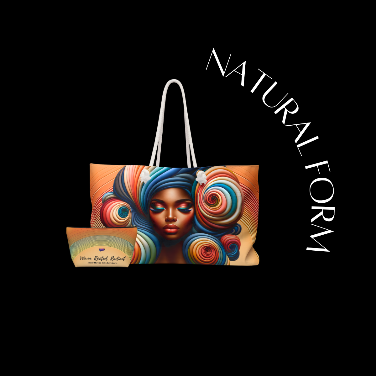 Colorful tote bag with artistic design of a face and 'Natural Form' branding on a black background.