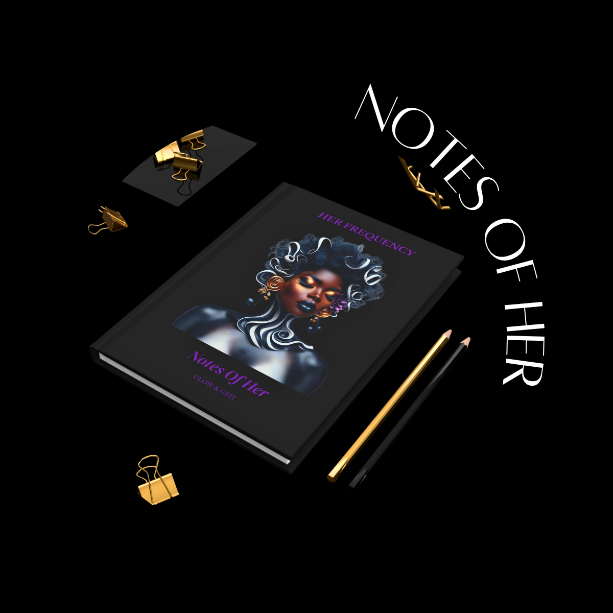 Notebook titled 'Notes of Her' with artistic cover on a black background