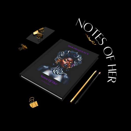 Notebook titled 'Notes of Her' with artistic cover on a black background