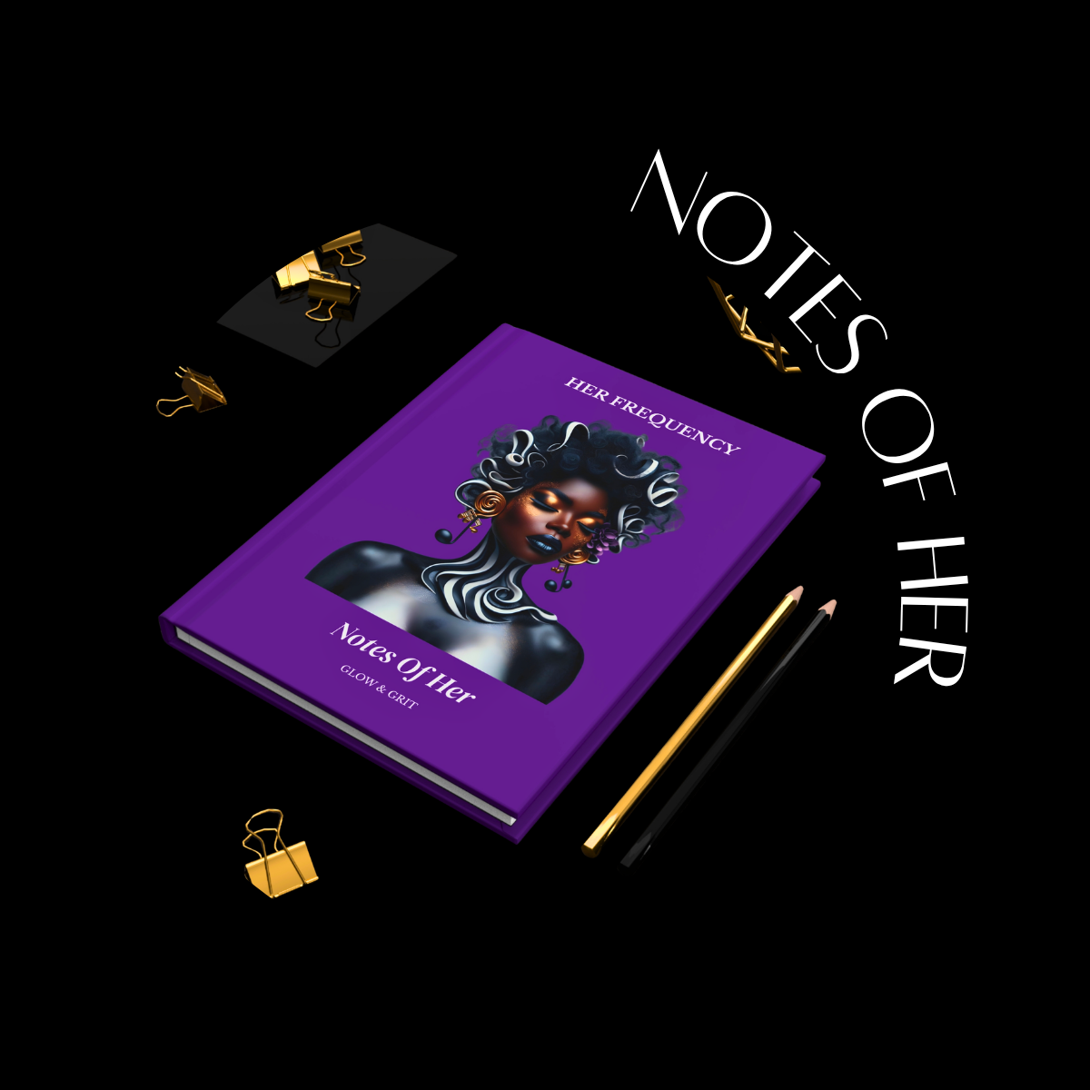 Purple notebook titled 'Notes Of Her' with decorative elements on a black background