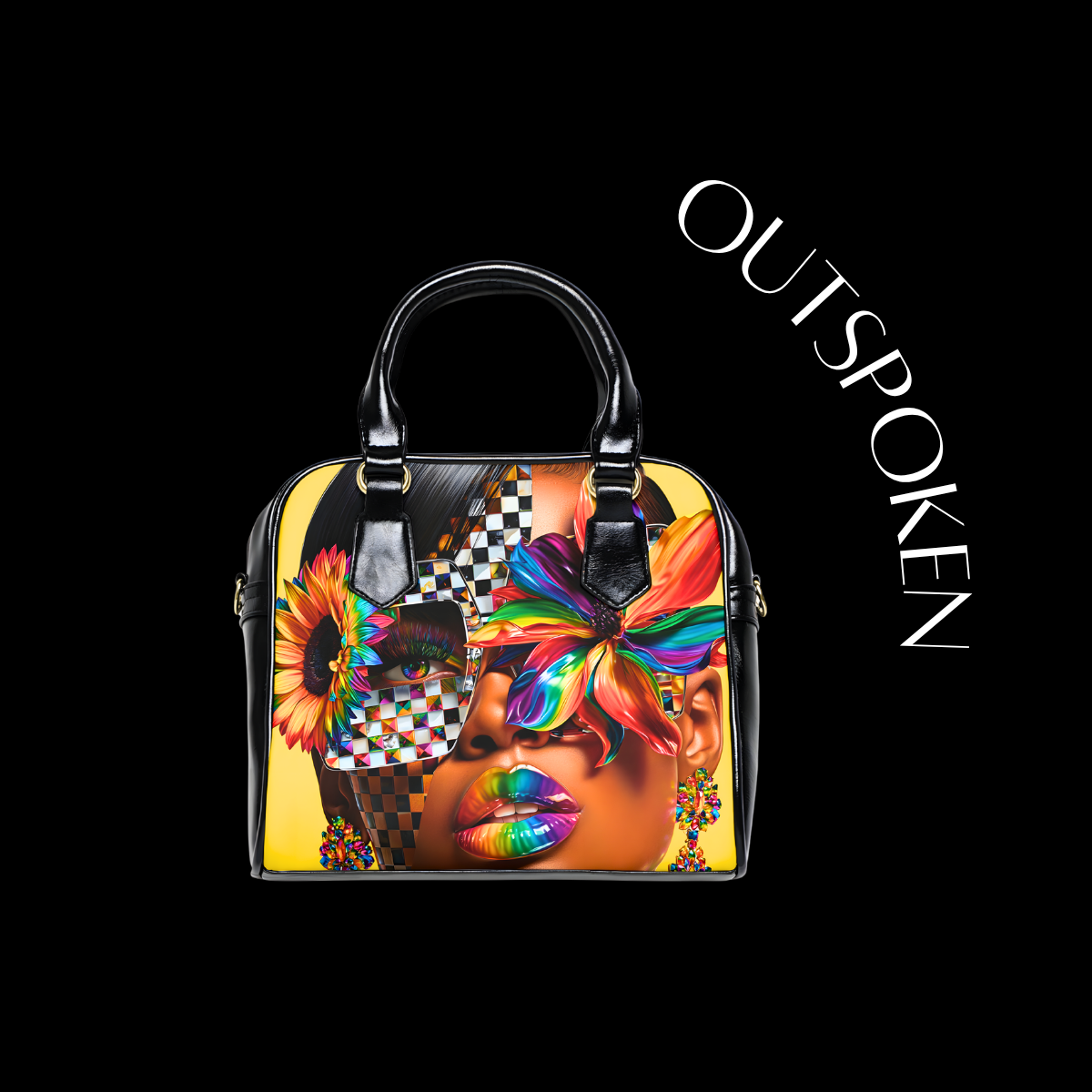 Colorful handbag with artistic design on a black background, featuring the brand 'Outspoken'.