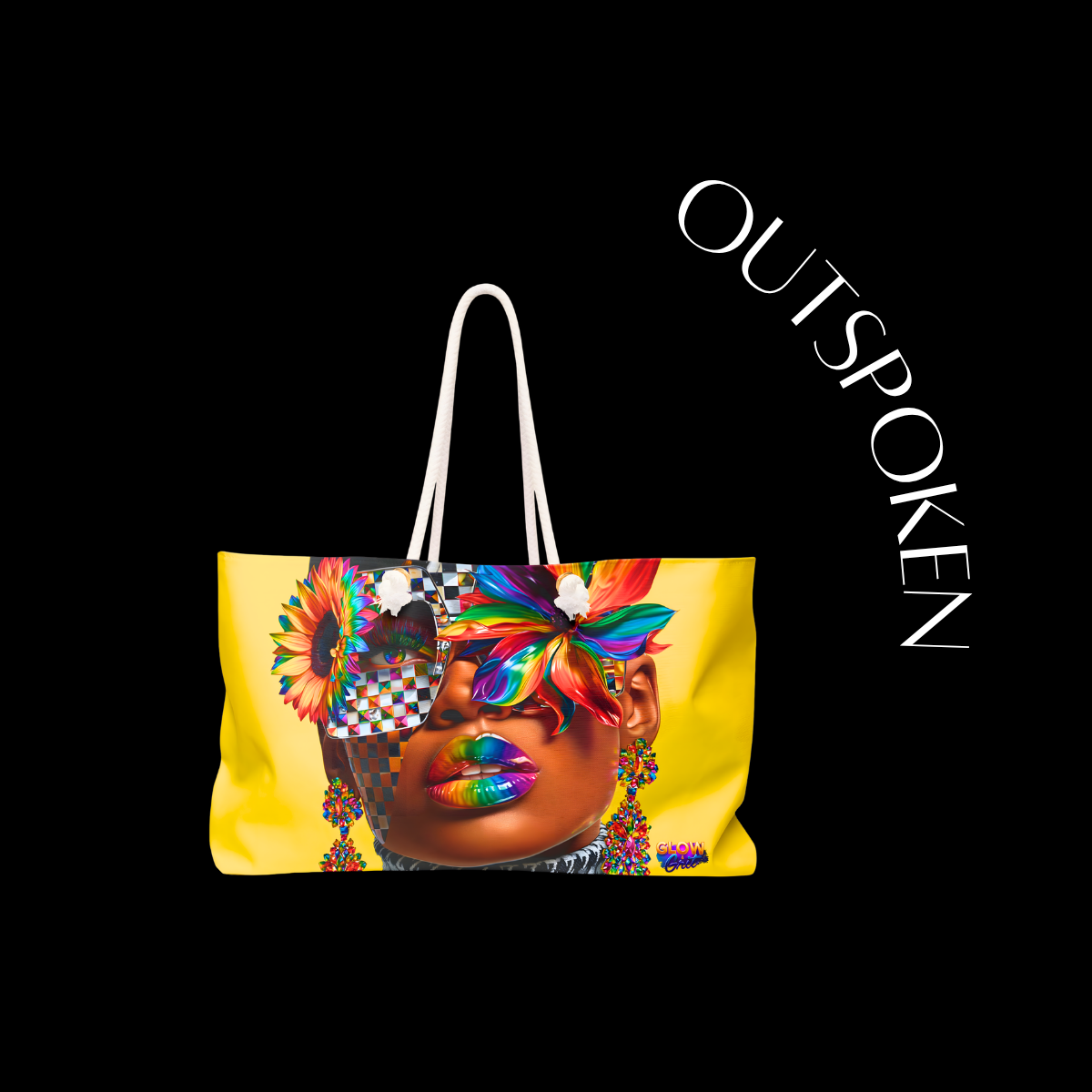 Tote bag with colorful design and 'OUTSPOKEN' branding on a black background