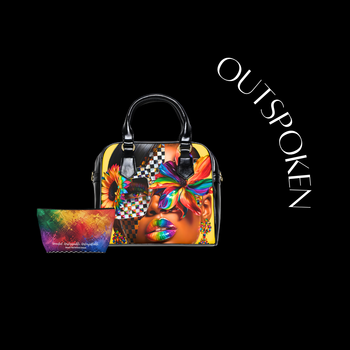 Colorful handbag with artistic design on a black background, featuring the brand 'Outspoken'.