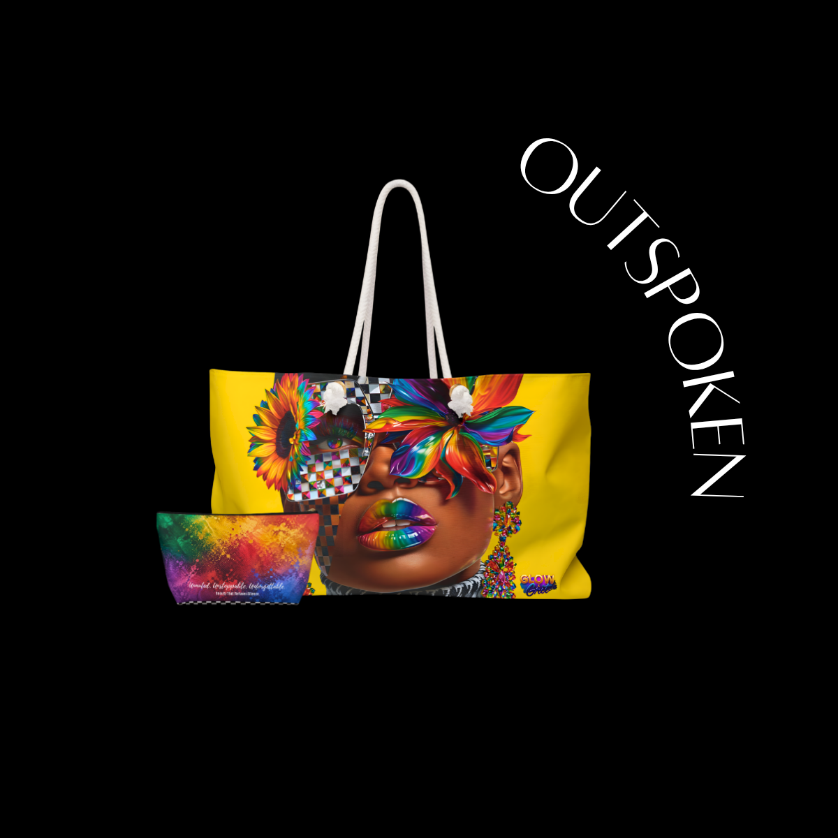 Colorful tote bag with artistic design and 'OUTSPOKEN' branding on a black background